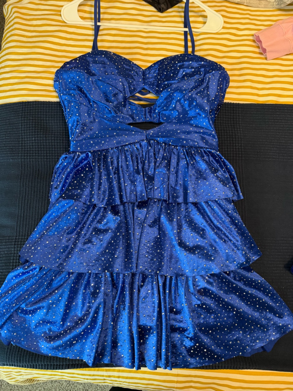 Royal Blue Velvet Ruffled Dress with Sparkle Trim